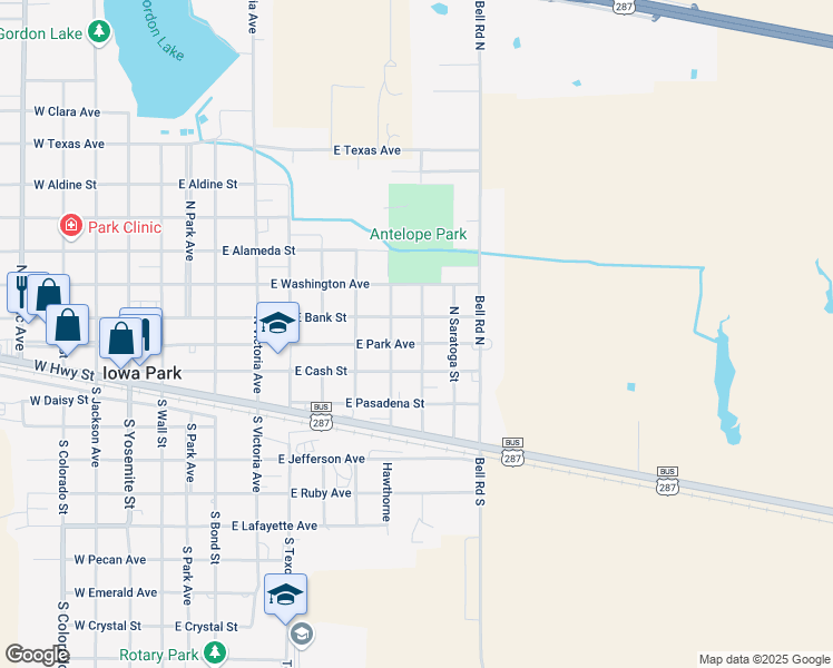 map of restaurants, bars, coffee shops, grocery stores, and more near 822 East Park Avenue in Iowa Park