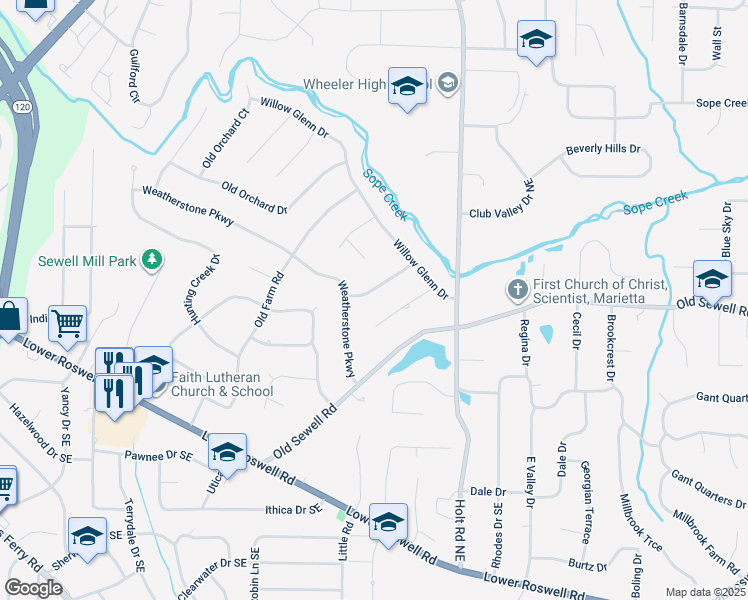 map of restaurants, bars, coffee shops, grocery stores, and more near 2420 Woodmere Drive in Marietta