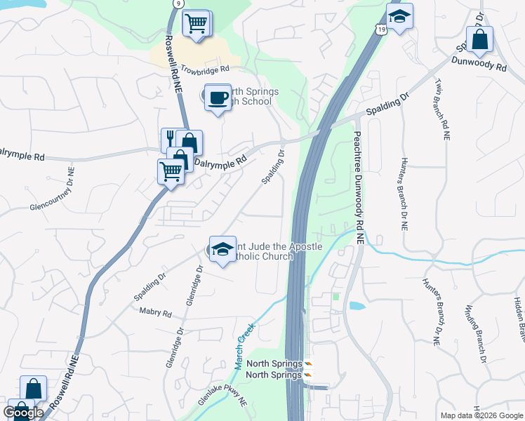 map of restaurants, bars, coffee shops, grocery stores, and more near 800 Sudbury Road Northeast in Atlanta