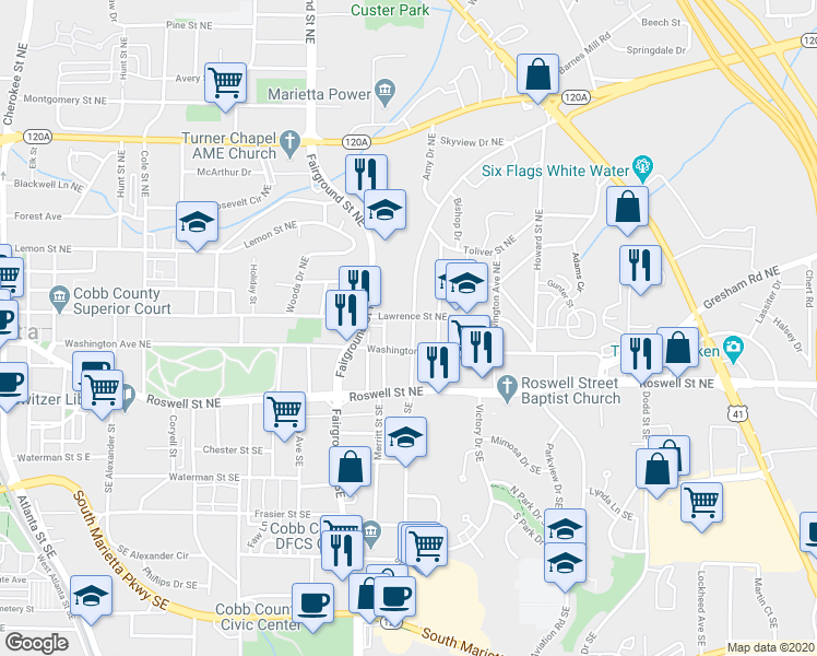 map of restaurants, bars, coffee shops, grocery stores, and more near 71 Austin Avenue Northeast in Marietta