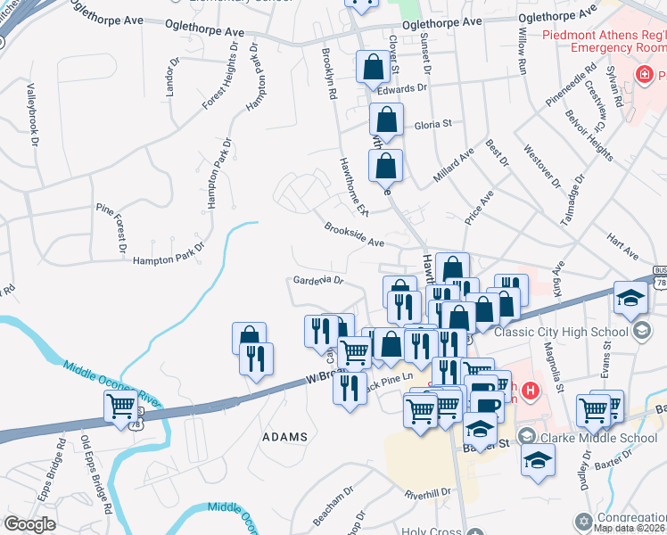map of restaurants, bars, coffee shops, grocery stores, and more near 156 Peach Street in Athens