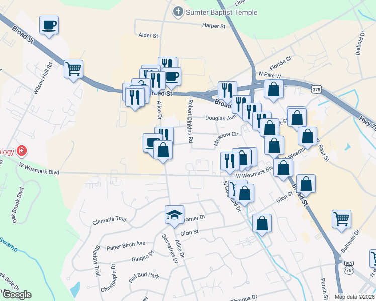 map of restaurants, bars, coffee shops, grocery stores, and more near 786 Lang Jennings Drive in Sumter