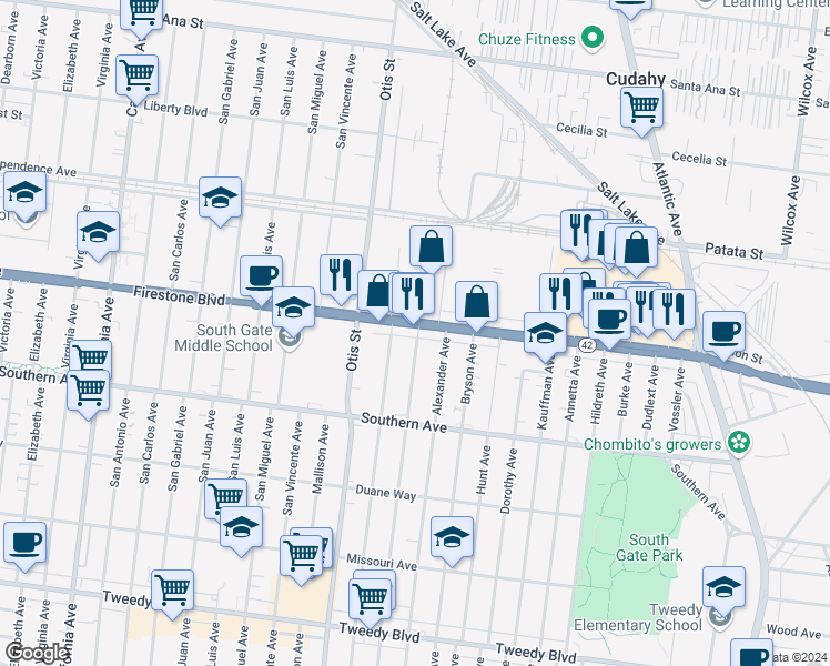 map of restaurants, bars, coffee shops, grocery stores, and more near 4324 Firestone Boulevard in South Gate