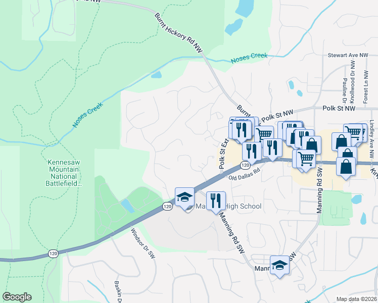 map of restaurants, bars, coffee shops, grocery stores, and more near 1275 Whitlock Ridge Drive in Marietta