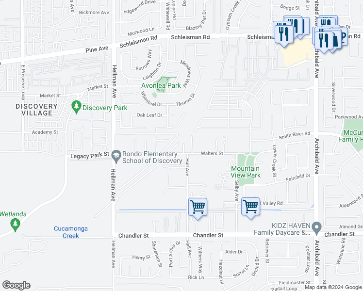 map of restaurants, bars, coffee shops, grocery stores, and more near 14723 Walters Street in Corona