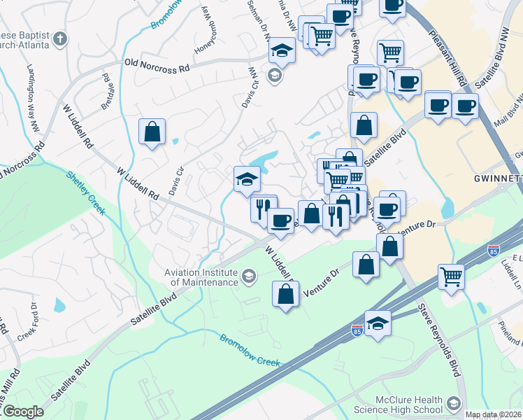 map of restaurants, bars, coffee shops, grocery stores, and more near 304 Club Place in Duluth