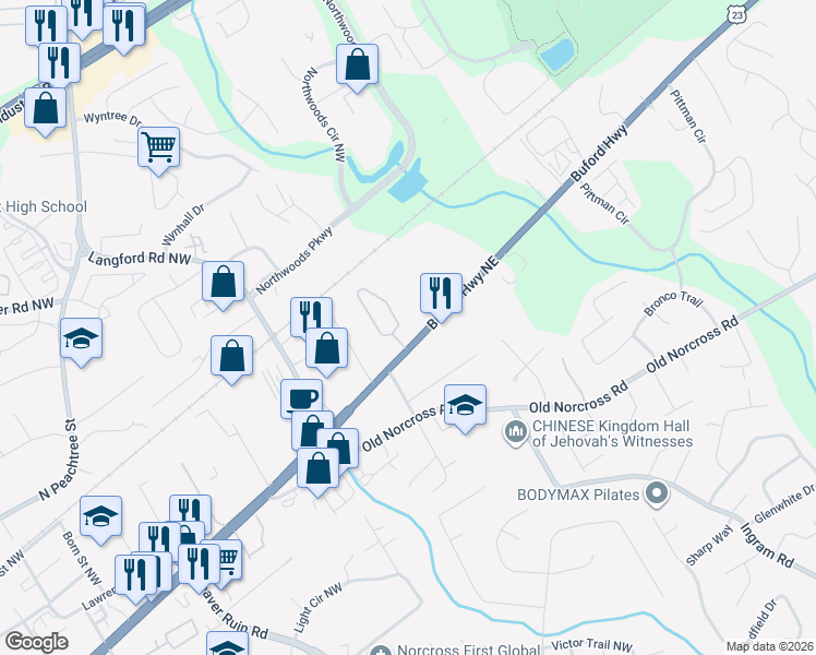 map of restaurants, bars, coffee shops, grocery stores, and more near 5151 Buford Highway Northeast in Peachtree Corners