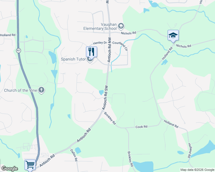 map of restaurants, bars, coffee shops, grocery stores, and more near 80 Antioch Road in Powder Springs