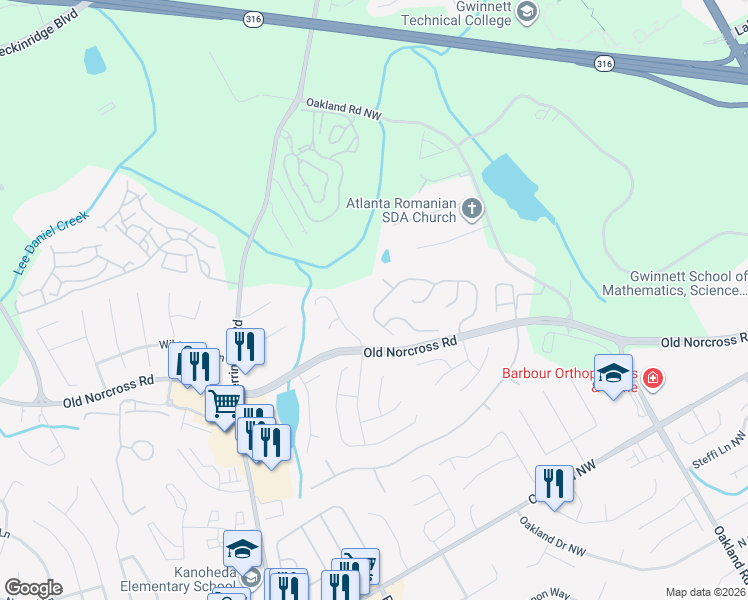 map of restaurants, bars, coffee shops, grocery stores, and more near 2295 Carlysle Cove Drive in Lawrenceville