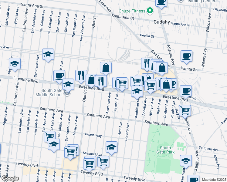 map of restaurants, bars, coffee shops, grocery stores, and more near 4410 Firestone Boulevard in South Gate