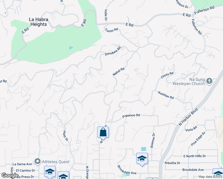 map of restaurants, bars, coffee shops, grocery stores, and more near 1573 Nabal Road in La Habra Heights