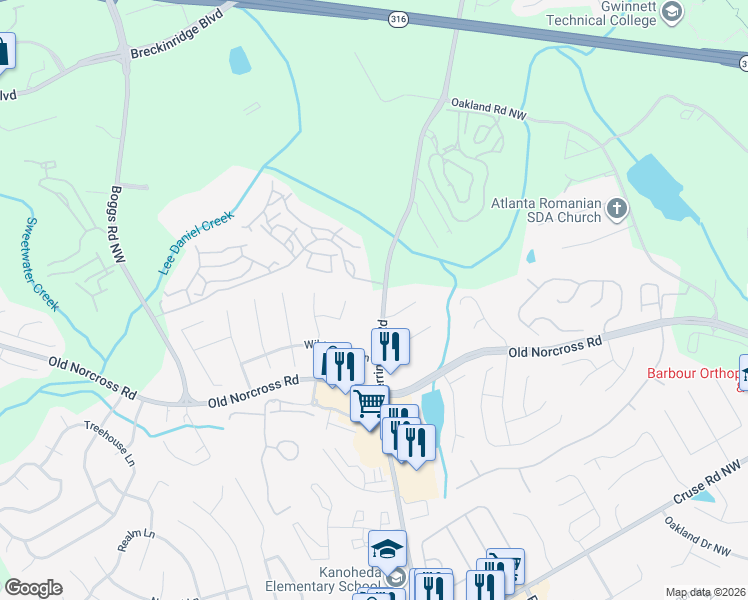 map of restaurants, bars, coffee shops, grocery stores, and more near 2465 Silver Moss Way Northwest in Lawrenceville