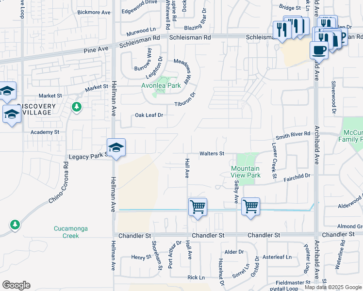 map of restaurants, bars, coffee shops, grocery stores, and more near 14723 Walters Street in Corona