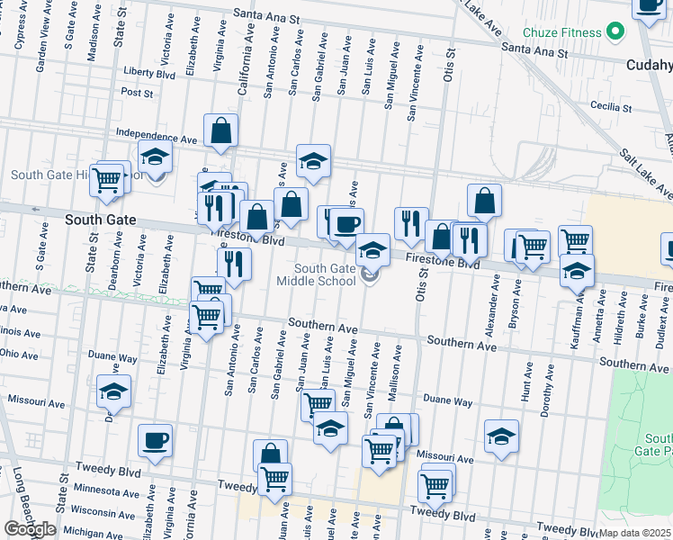 map of restaurants, bars, coffee shops, grocery stores, and more near 8936 San Luis Avenue in South Gate