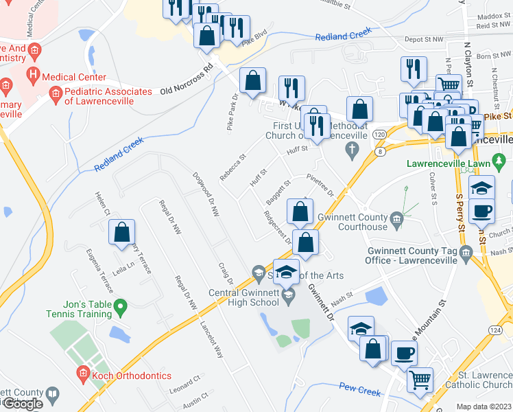 map of restaurants, bars, coffee shops, grocery stores, and more near 315 Ridgecrest Drive in Lawrenceville