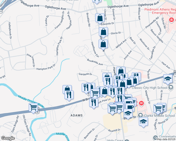 map of restaurants, bars, coffee shops, grocery stores, and more near 156 Peach Street in Athens