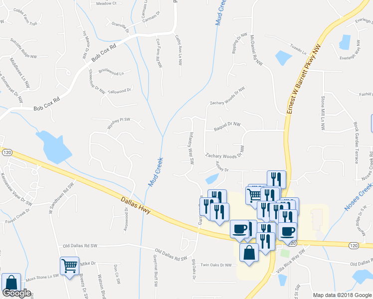 map of restaurants, bars, coffee shops, grocery stores, and more near 2651 Artillery Point in Marietta