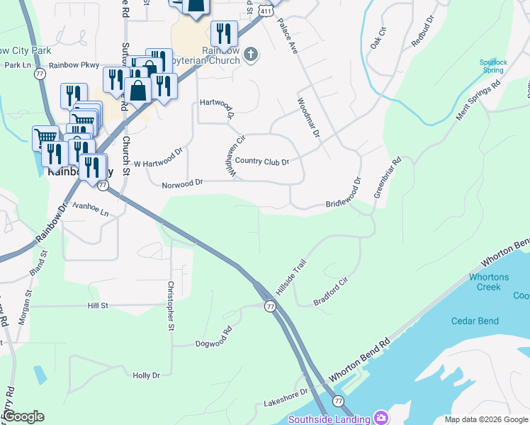 map of restaurants, bars, coffee shops, grocery stores, and more near 112 Ridgecrest Road in Gadsden