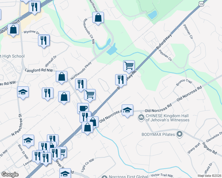 map of restaurants, bars, coffee shops, grocery stores, and more near 5151 Buford Highway Northeast in Peachtree Corners