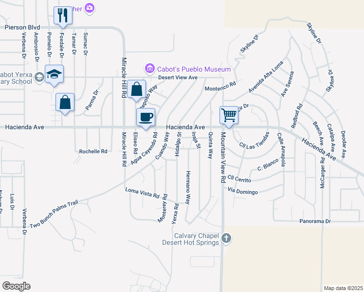 map of restaurants, bars, coffee shops, grocery stores, and more near 67780 Arena Blanca Road in Desert Hot Springs