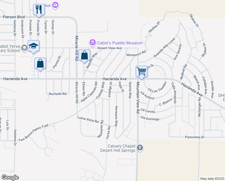 map of restaurants, bars, coffee shops, grocery stores, and more near 67780 Arena Blanca Road in Desert Hot Springs