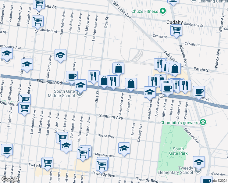 map of restaurants, bars, coffee shops, grocery stores, and more near 4324 Firestone Boulevard in South Gate