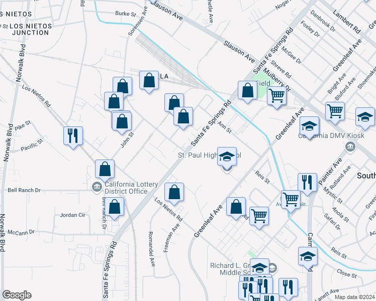 map of restaurants, bars, coffee shops, grocery stores, and more near 9135 Norwalk Boulevard in Santa Fe Springs