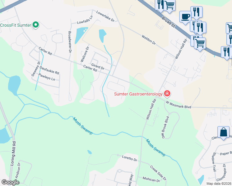 map of restaurants, bars, coffee shops, grocery stores, and more near 1295 Cutleaf Drive in Sumter