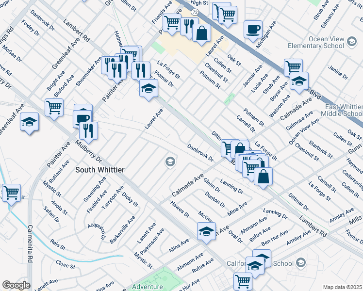 map of restaurants, bars, coffee shops, grocery stores, and more near 13762 Danbrook Drive in Whittier