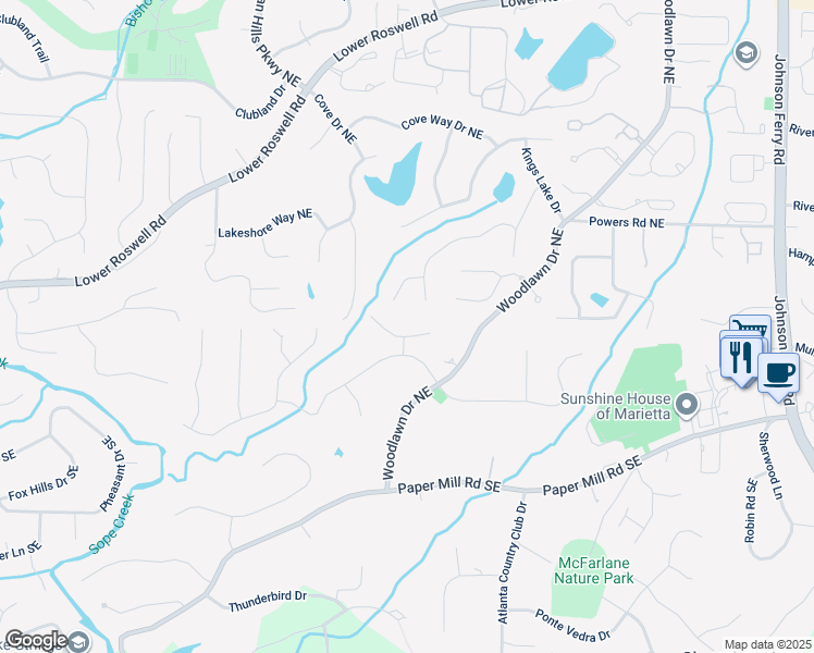 map of restaurants, bars, coffee shops, grocery stores, and more near 4297 Blackland Way in Marietta