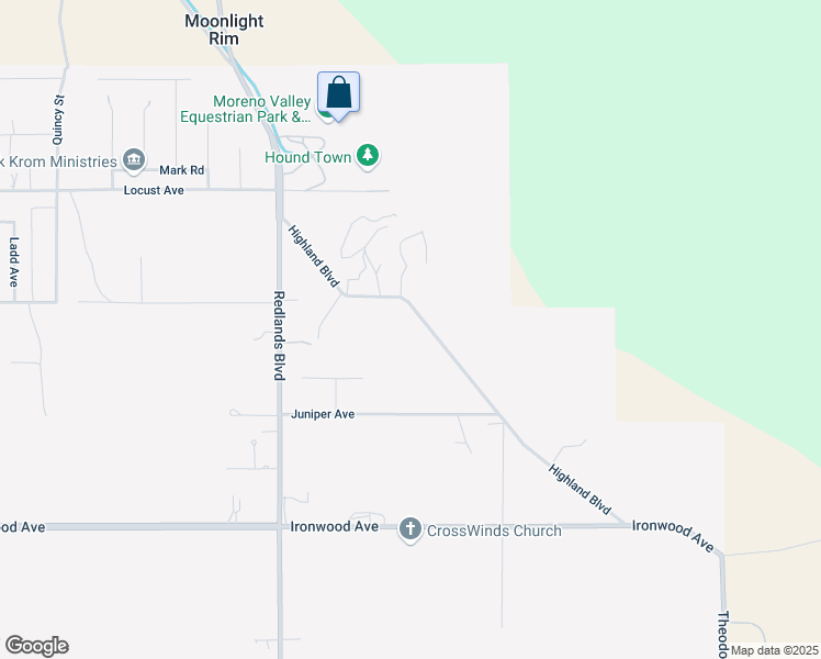 map of restaurants, bars, coffee shops, grocery stores, and more near 29251 Highland Boulevard in Moreno Valley