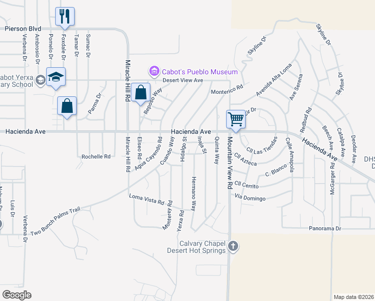map of restaurants, bars, coffee shops, grocery stores, and more near 13270 Hermano Way in Desert Hot Springs