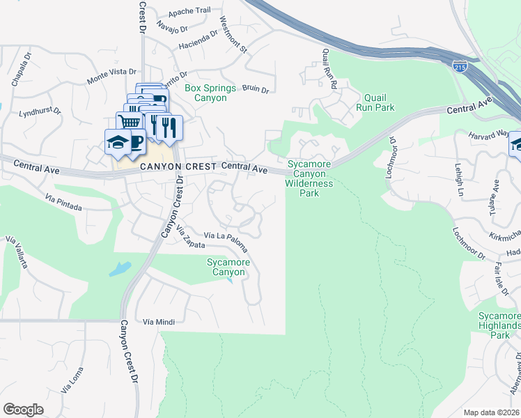 map of restaurants, bars, coffee shops, grocery stores, and more near 600 Central Avenue in Riverside