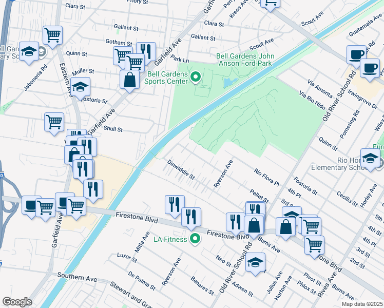 map of restaurants, bars, coffee shops, grocery stores, and more near 7018 Pellet Street in Downey
