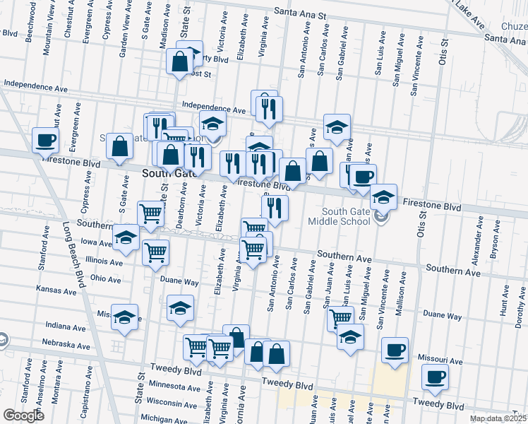 map of restaurants, bars, coffee shops, grocery stores, and more near 8956 California Avenue in South Gate