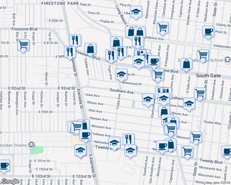 map of restaurants, bars, coffee shops, grocery stores, and more near 2551 Iowa Avenue in South Gate