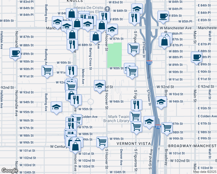 map of restaurants, bars, coffee shops, grocery stores, and more near 9200 South Hoover Street in Los Angeles