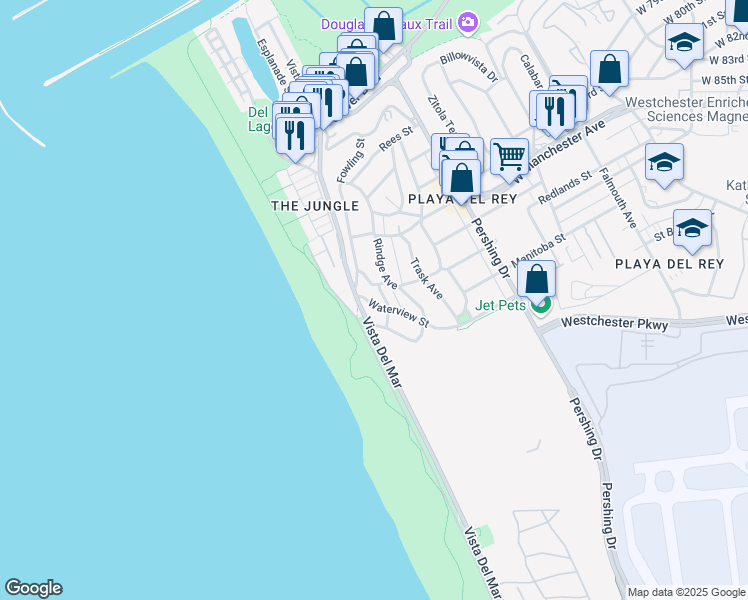 map of restaurants, bars, coffee shops, grocery stores, and more near 123 Waterview Street in Los Angeles