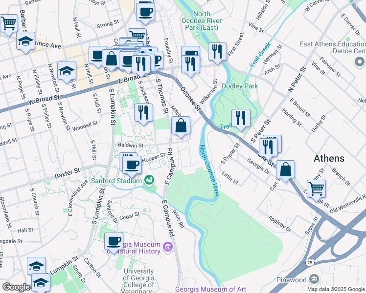 map of restaurants, bars, coffee shops, grocery stores, and more near 100 Stone Mill Run in Athens