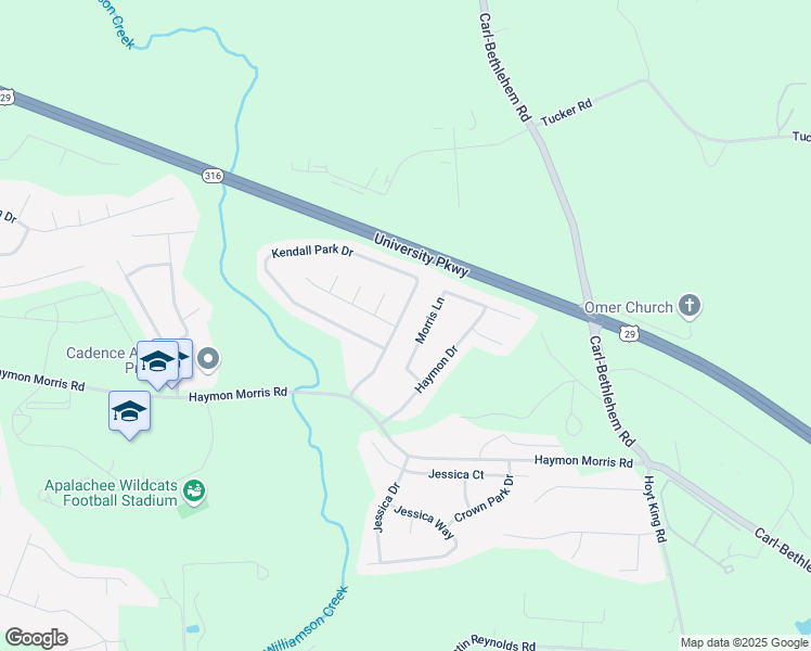 map of restaurants, bars, coffee shops, grocery stores, and more near 825 Kendall Park Drive in Winder