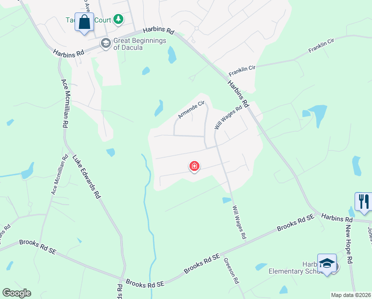 map of restaurants, bars, coffee shops, grocery stores, and more near 2570 Harbins Mill Drive in Dacula