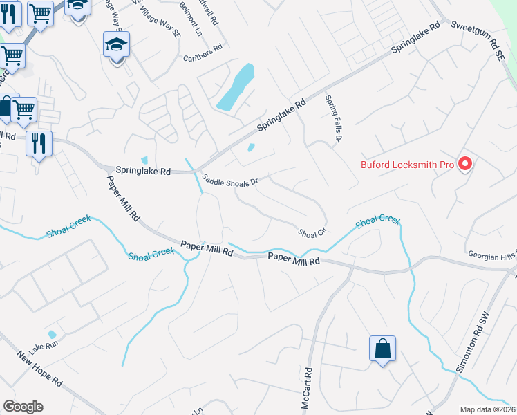 map of restaurants, bars, coffee shops, grocery stores, and more near 397 Shoal Circle in Lawrenceville