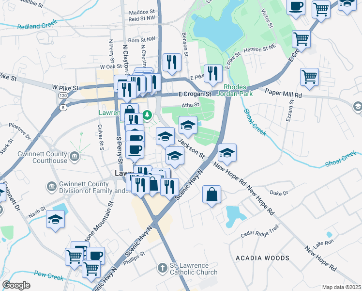 map of restaurants, bars, coffee shops, grocery stores, and more near 262 Jackson Street in Lawrenceville