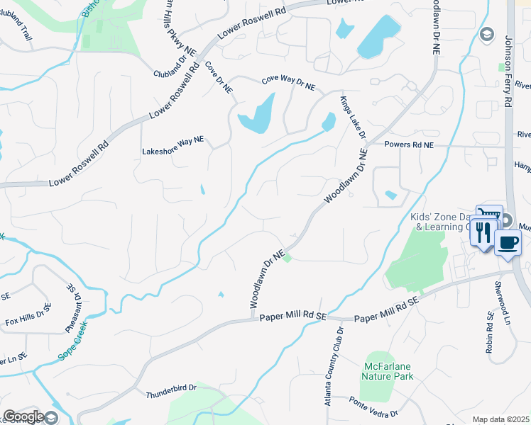 map of restaurants, bars, coffee shops, grocery stores, and more near 4297 Blackland Way in Marietta
