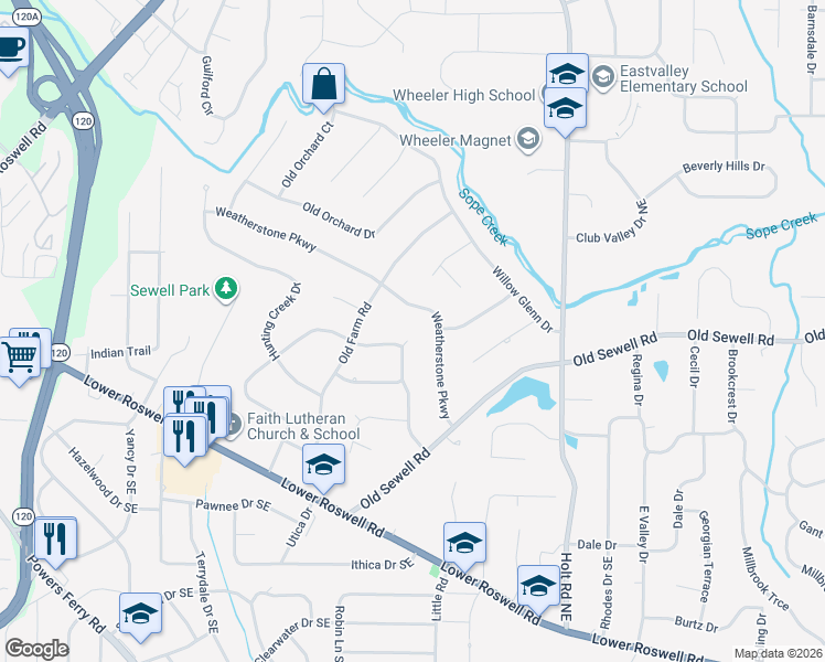 map of restaurants, bars, coffee shops, grocery stores, and more near 185 Pioneer Trail in Marietta