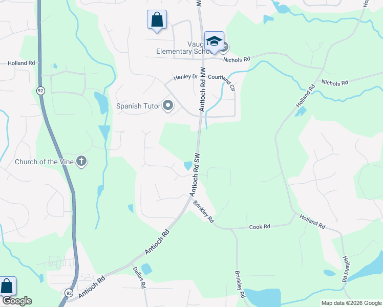 map of restaurants, bars, coffee shops, grocery stores, and more near 80 Antioch Road in Powder Springs