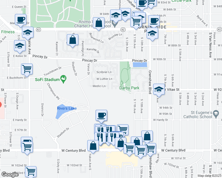map of restaurants, bars, coffee shops, grocery stores, and more near 9209 Garvey Way in Inglewood