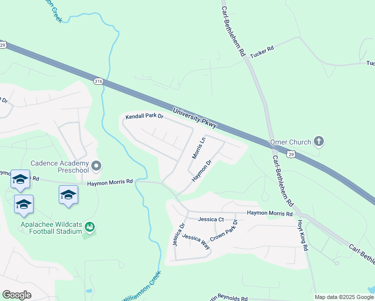 map of restaurants, bars, coffee shops, grocery stores, and more near 825 Kendall Park Drive in Winder