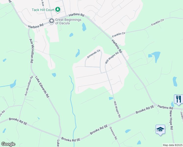 map of restaurants, bars, coffee shops, grocery stores, and more near 2570 Harbins Mill Drive in Dacula