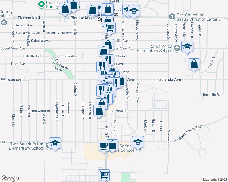 map of restaurants, bars, coffee shops, grocery stores, and more near Cactus Drive in Desert Hot Springs